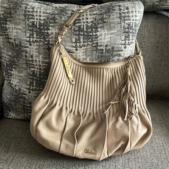 Cole Haan Amalfi beige Pleated Leather Large Hobo Bag Purse Tassel Zipper Pull - Picture 1 of 16